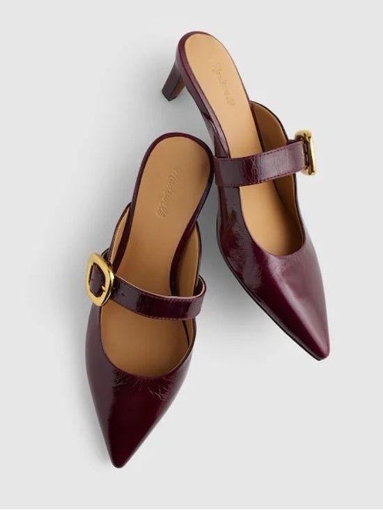 Madewell Shoes - Madewell Burgundy Patent Pointed Mary Jane Mules with Gold Buckle